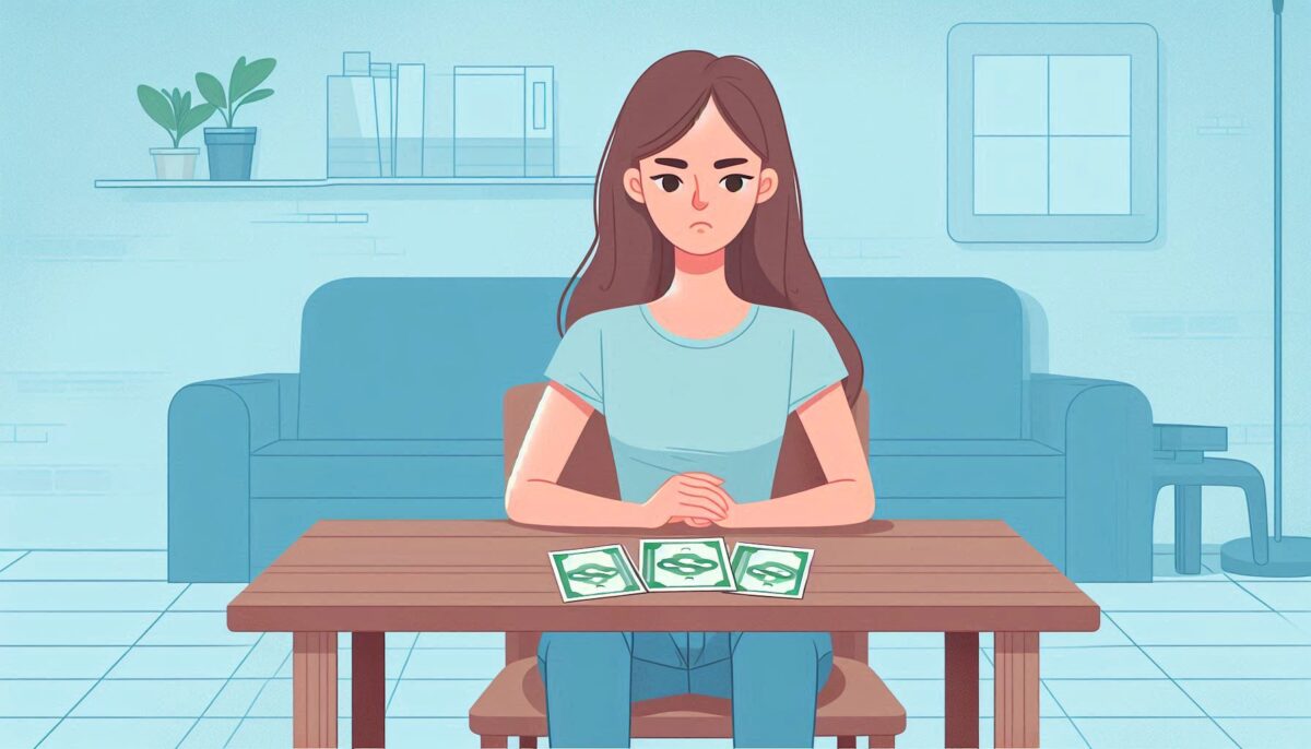 テーブルの上に紙幣を並べて真剣に考え事をする女性