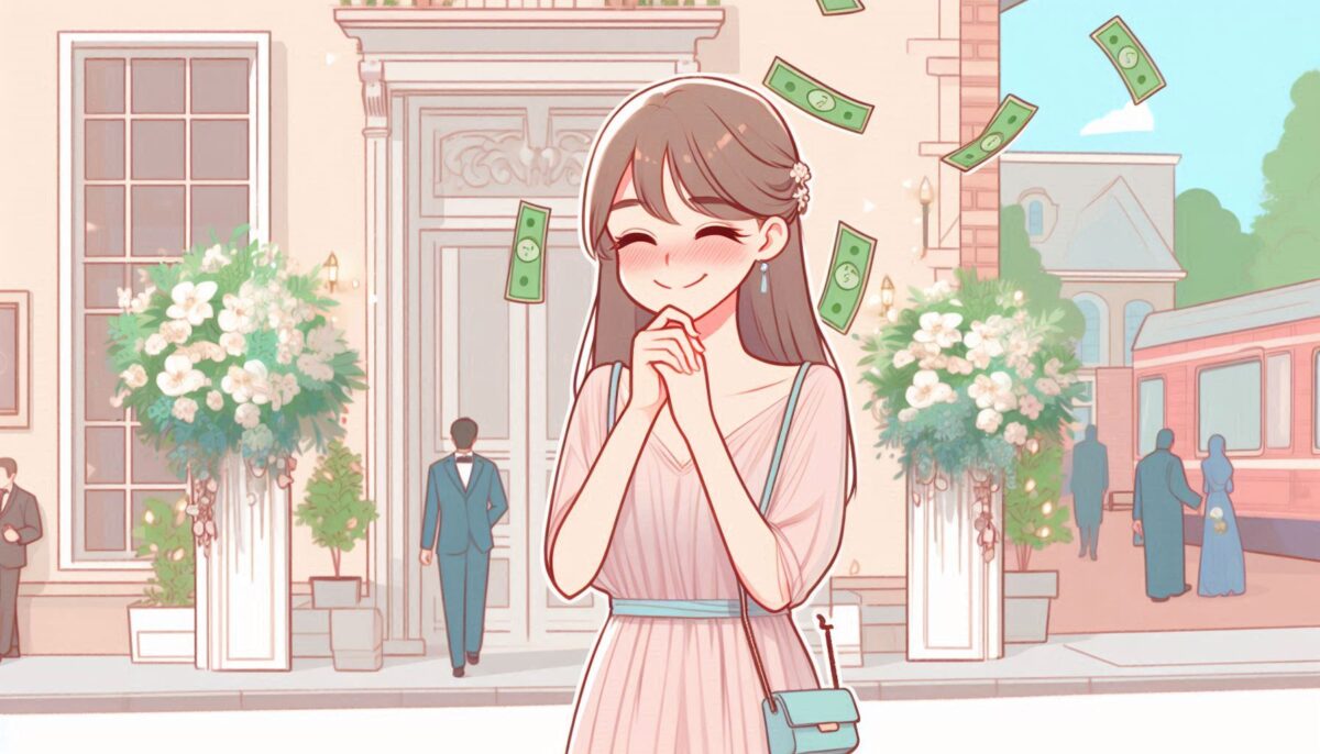 結婚式場の前で照れる女性ゲストとご祝儀袋のイメージ