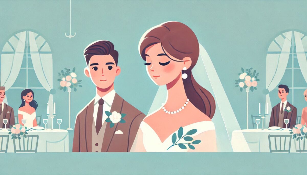 結婚式でピアスを付けている新婦とそれを見つめる新郎