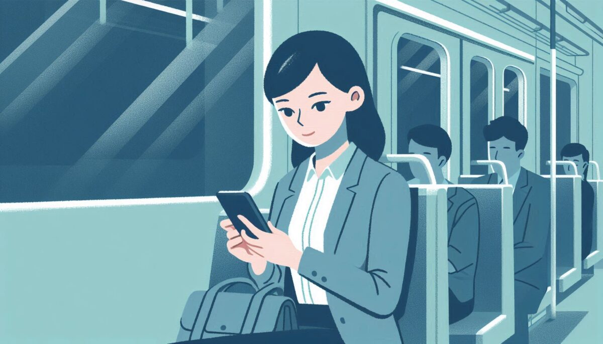 バスの座席に座ってスマートフォンを操作する若い女性