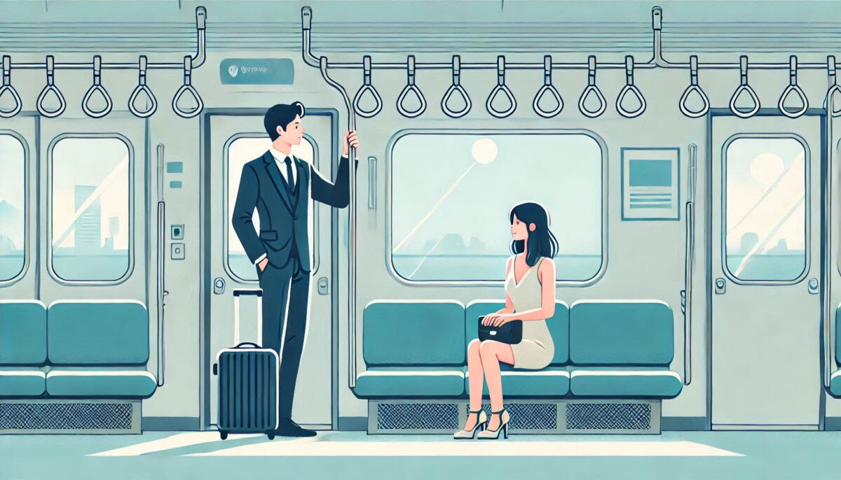 結婚式に行くために電車に乗っている男性と女性