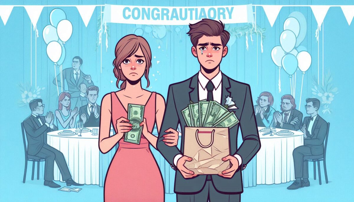 しわのある古札を持って困った表情の結婚式のゲストの男女