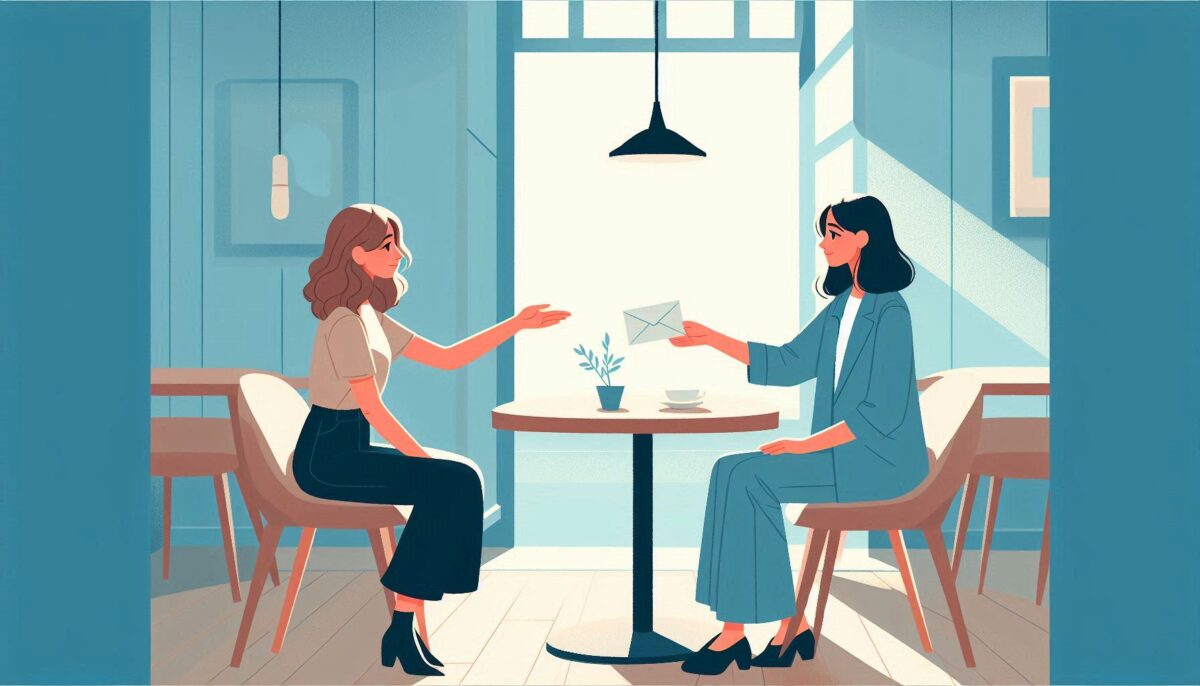 カフェで女友達に結婚式のご祝儀を渡す女性