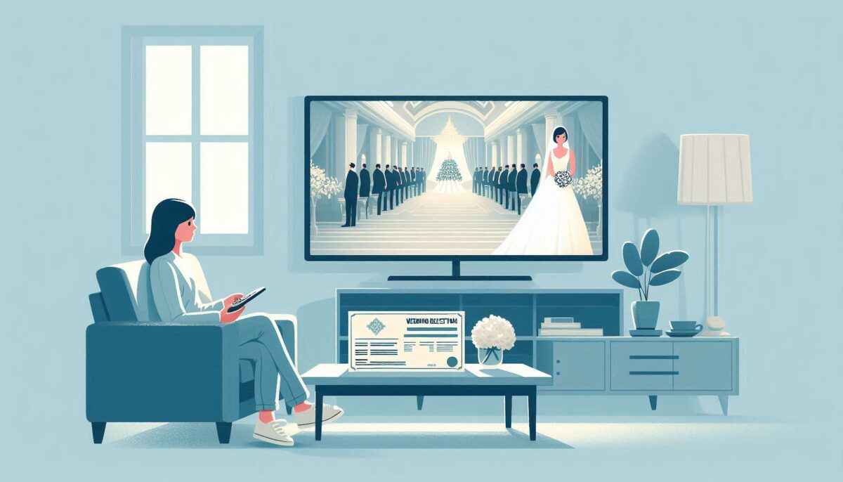 テレビで有名人の結婚式を鑑賞する女性