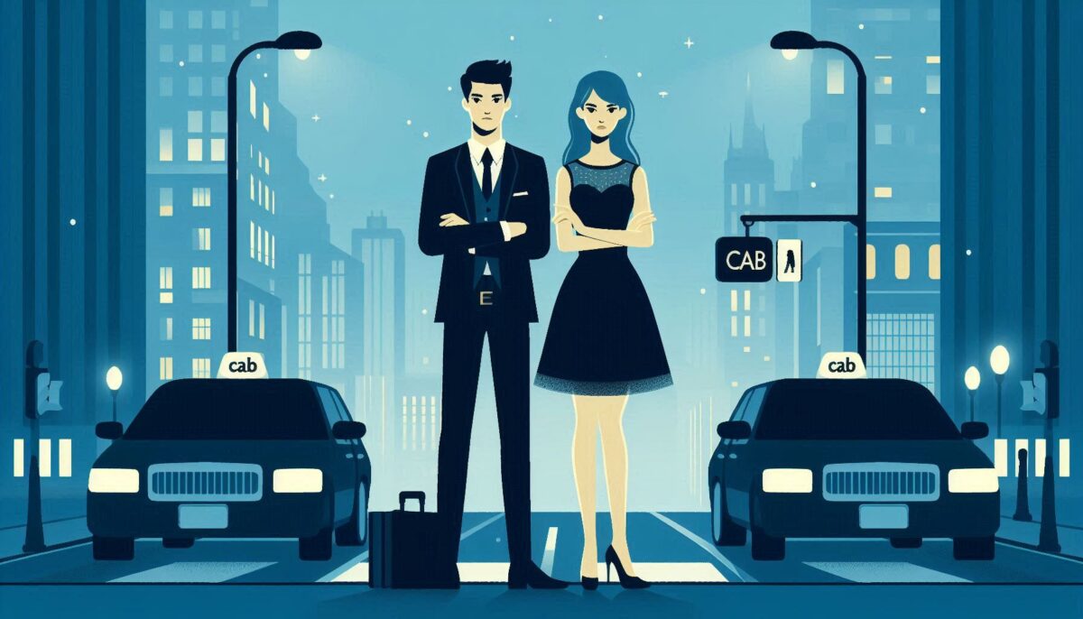 夜の路上でタクシーを待つ男女