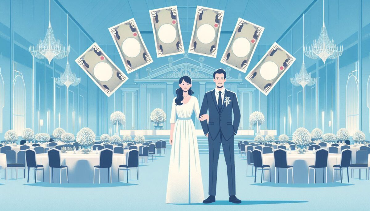 結婚式に呼ばれた男女とご祝儀を象徴する紙幣