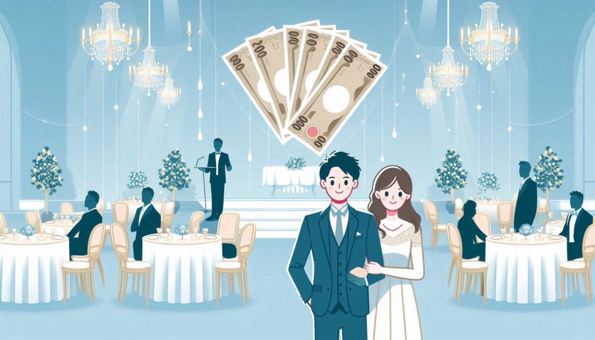 結婚披露宴に呼ばれた夫婦のゲストと宙に浮かぶ紙幣