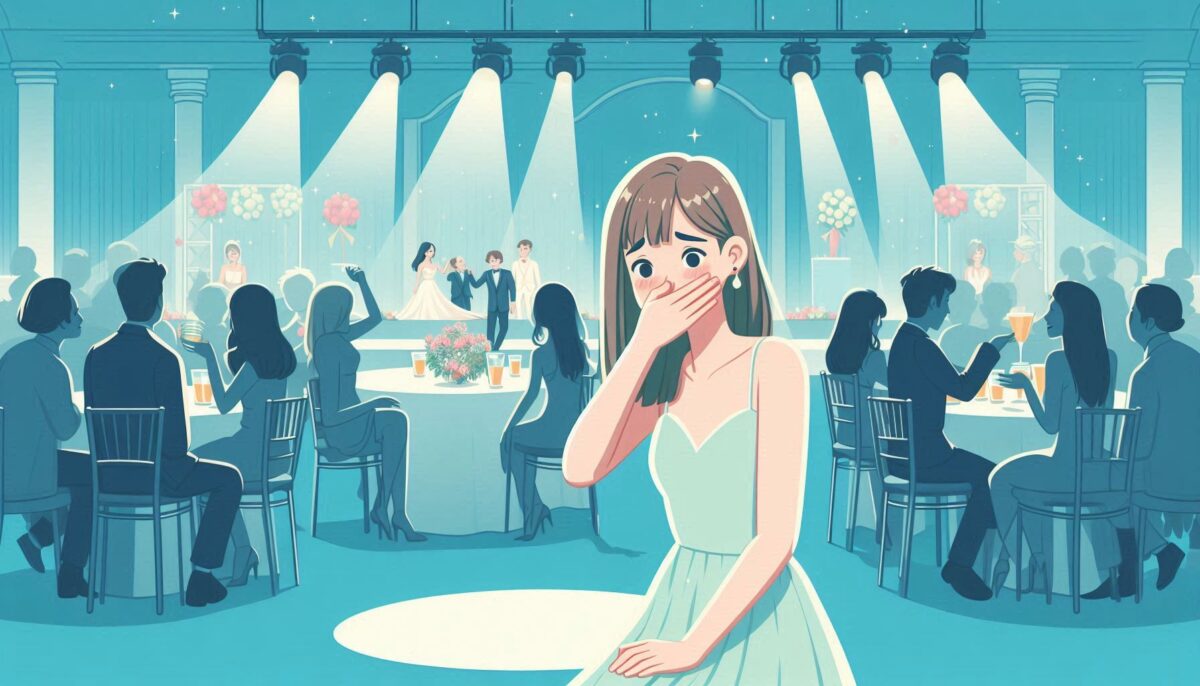 結婚式のノリについていけず気分を悪くしている女性ゲスト