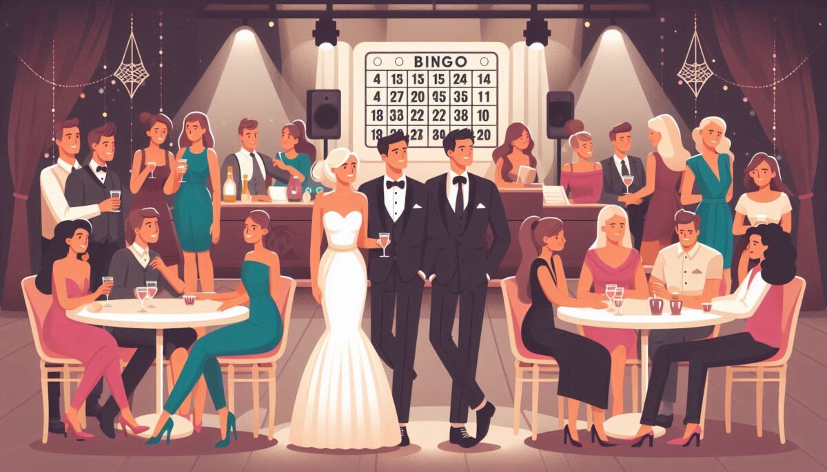 結婚式の二次会のビンゴに興じる人々