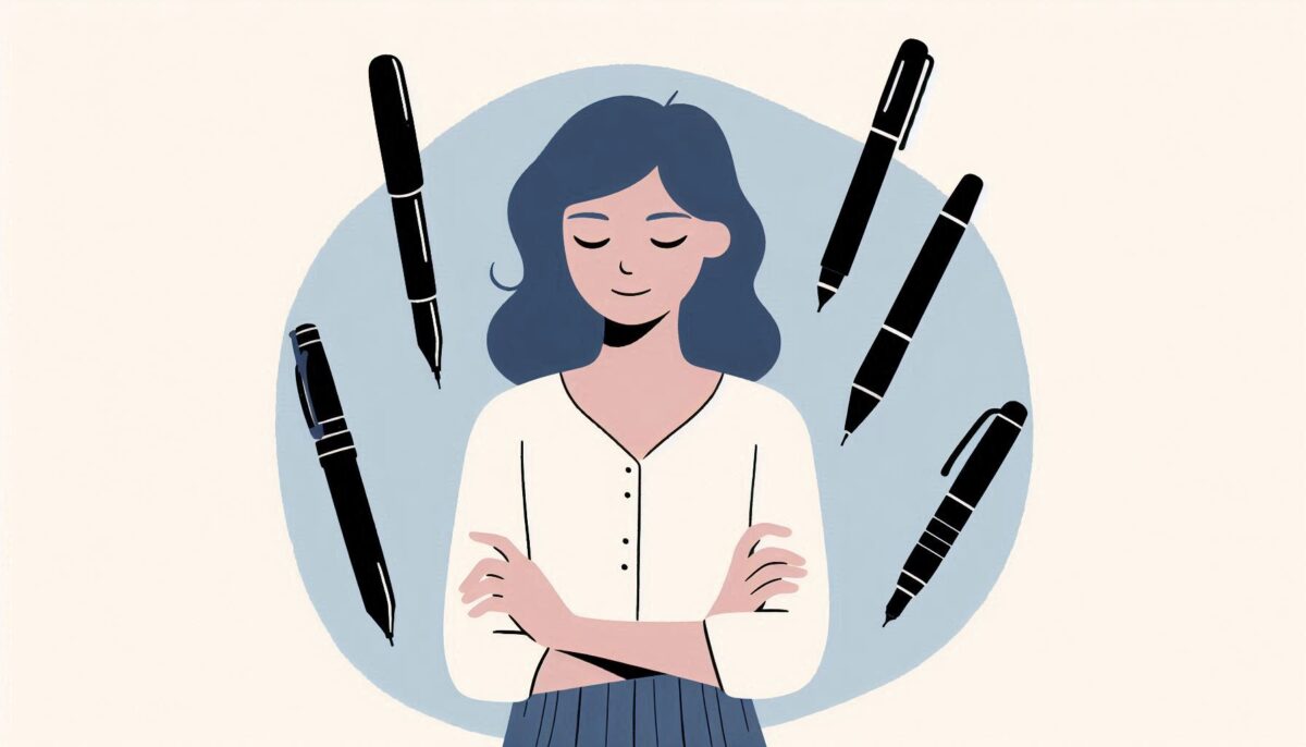 考え事をする女性と5本のペン