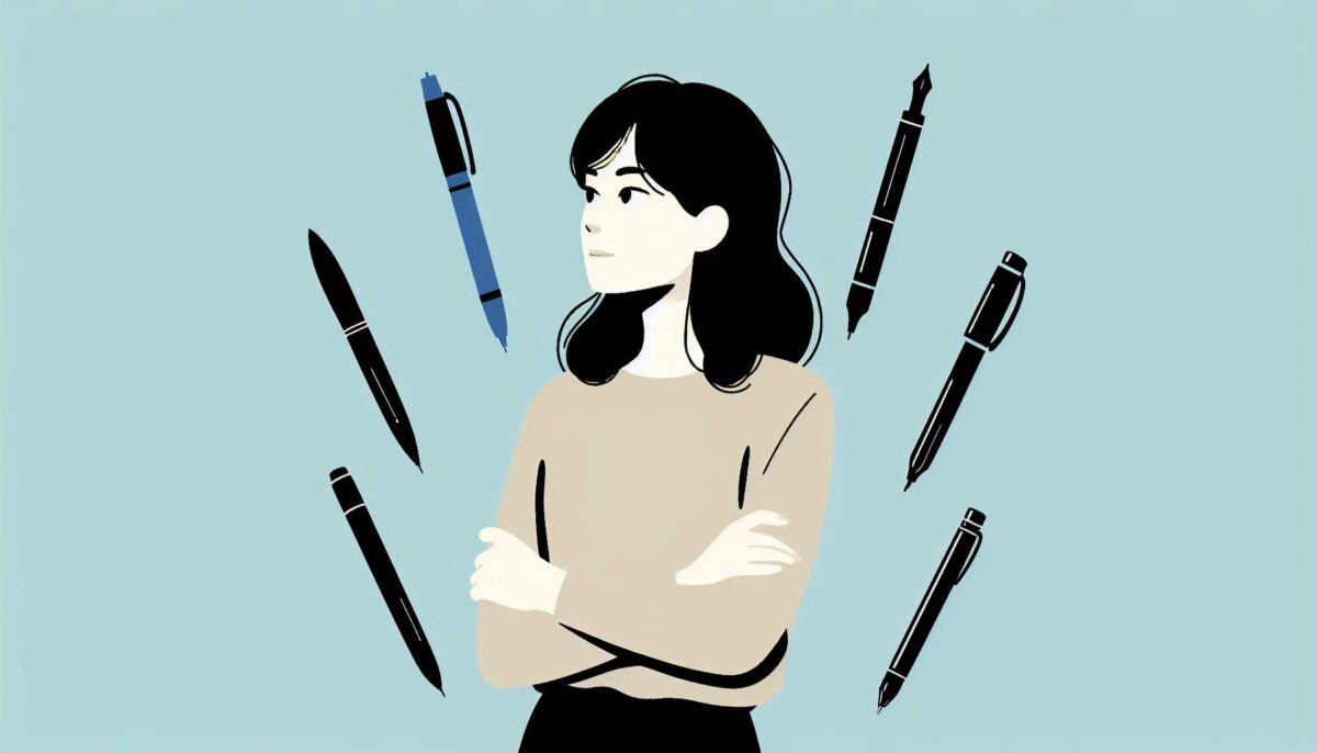6本のペンと遠くを見つめて思案する女性
